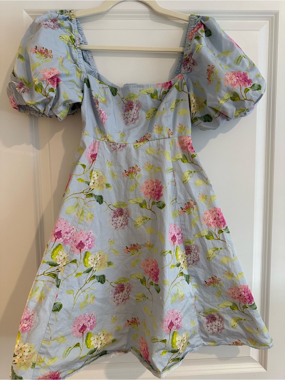 Puff-Sleeve Dress Light Blue and Pink Hill House Matilda Hydrangea floral
